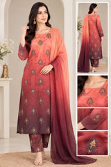 3 Piece Embroidered Silk Suit | Multishade Digital Printed Silky Dress | Party Wear Women Suit