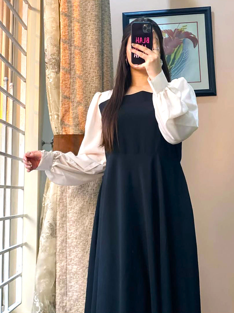 Women Black Plated Maxi Dress with White Sleeves | Georgette Long Maxi | Party Wear Dress