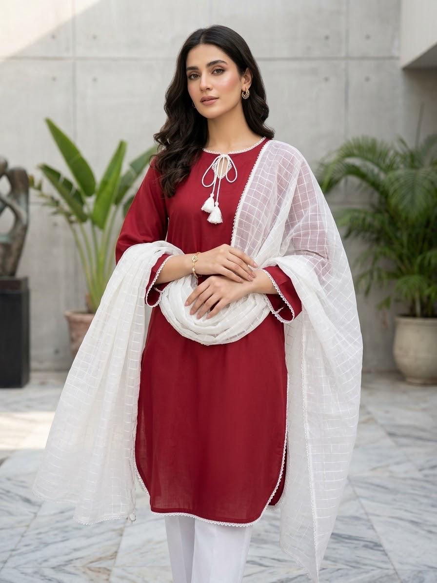 3PC Stitched Farshi Suit for Women | Malai Lawn Shirt & Farshi Shalwar with Chiffon Dupatta | Lace Work Dress