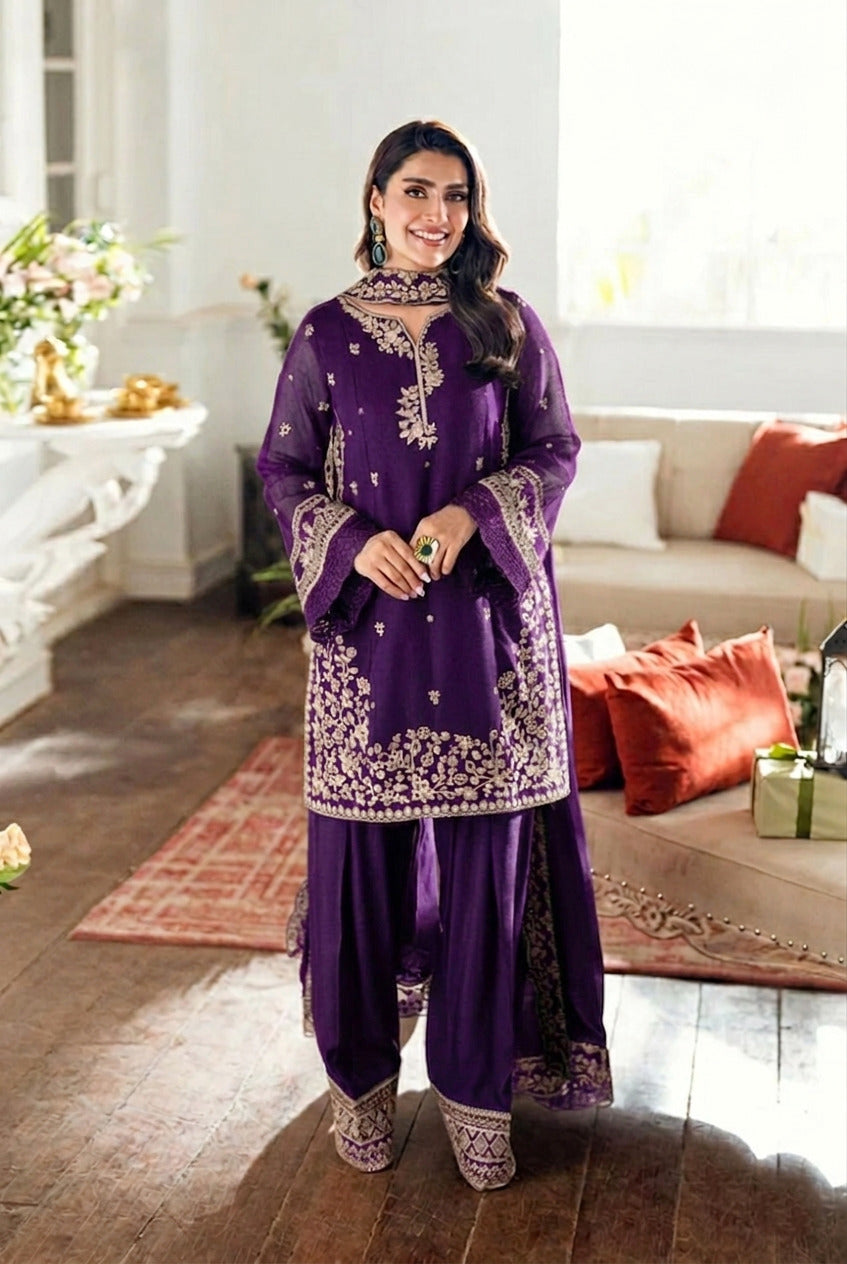 Eid Trending Farshi Shalwar 3 Piece Suit | Embroidered Silk Shirt, Farshi Shalwar & Chiffon Dupatta
