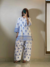 Blue Berry Printed Shirt with Farshi Shalwar 2 Piece | Summer Cotton Dress | Whimsimart Collection
