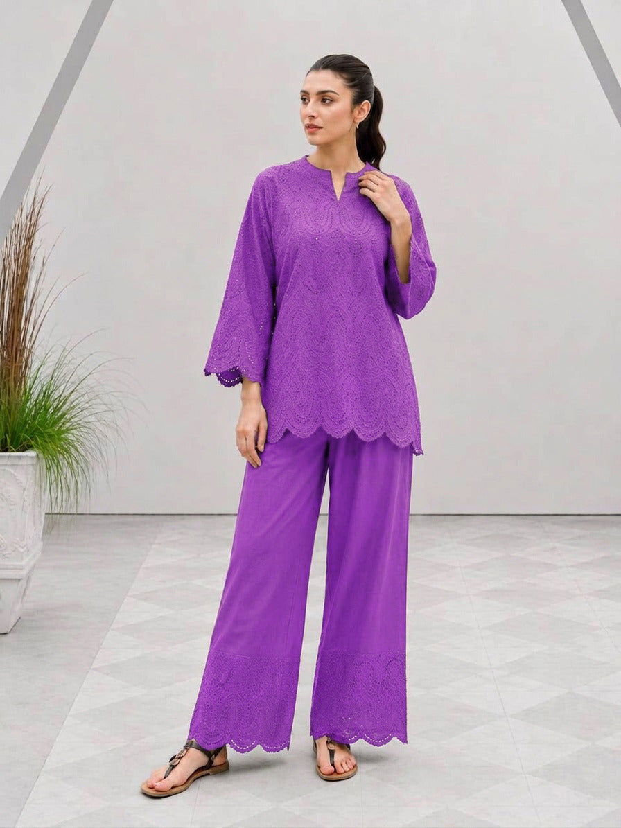 Chikankari Embroidered Cotton 2 Piece Suit for Women | Pure Cotton Embroidery Shirt with Flapper | Whimsimart Collection