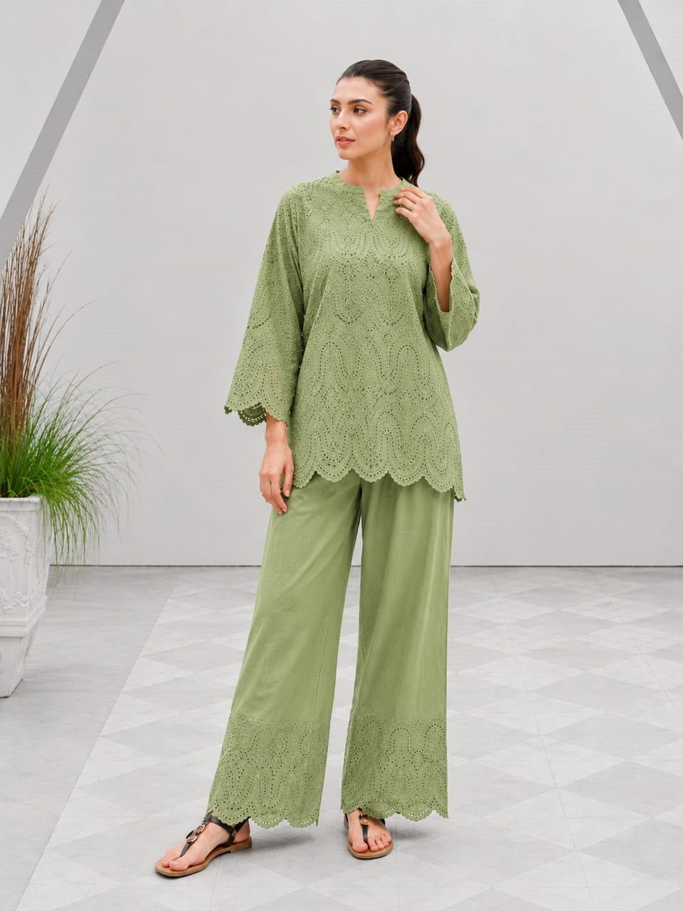 Chikankari Embroidered Cotton 2 Piece Suit for Women | Pure Cotton Embroidery Shirt with Flapper | Whimsimart Collection