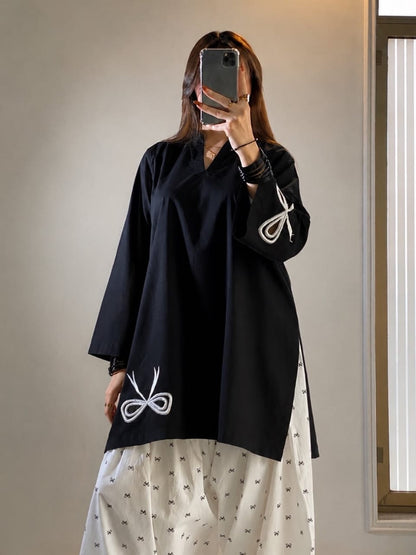 2 Piece Farshi Shalwar Suit for Women | Embroidered Bow Farshi Shalwar | Cotton Embroidered Shirt