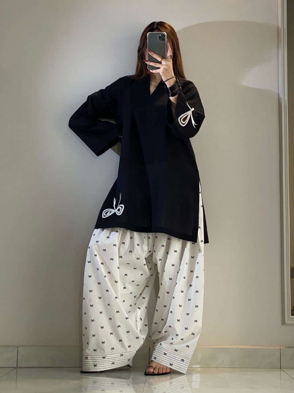2 Piece Farshi Shalwar Suit for Women | Embroidered Bow Farshi Shalwar | Cotton Embroidered Shirt