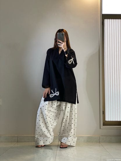 2 Piece Farshi Shalwar Suit for Women | Embroidered Bow Farshi Shalwar | Cotton Embroidered Shirt