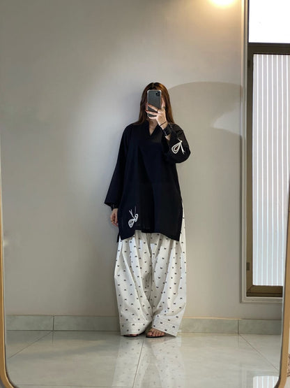 2 Piece Farshi Shalwar Suit for Women | Embroidered Bow Farshi Shalwar | Cotton Embroidered Shirt