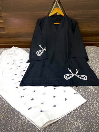 2 Piece Farshi Shalwar Suit for Women | Embroidered Bow Farshi Shalwar | Cotton Embroidered Shirt
