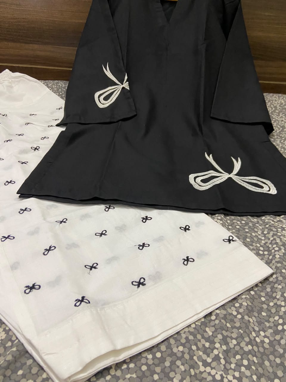 2 Piece Farshi Shalwar Suit for Women | Embroidered Bow Farshi Shalwar | Cotton Embroidered Shirt