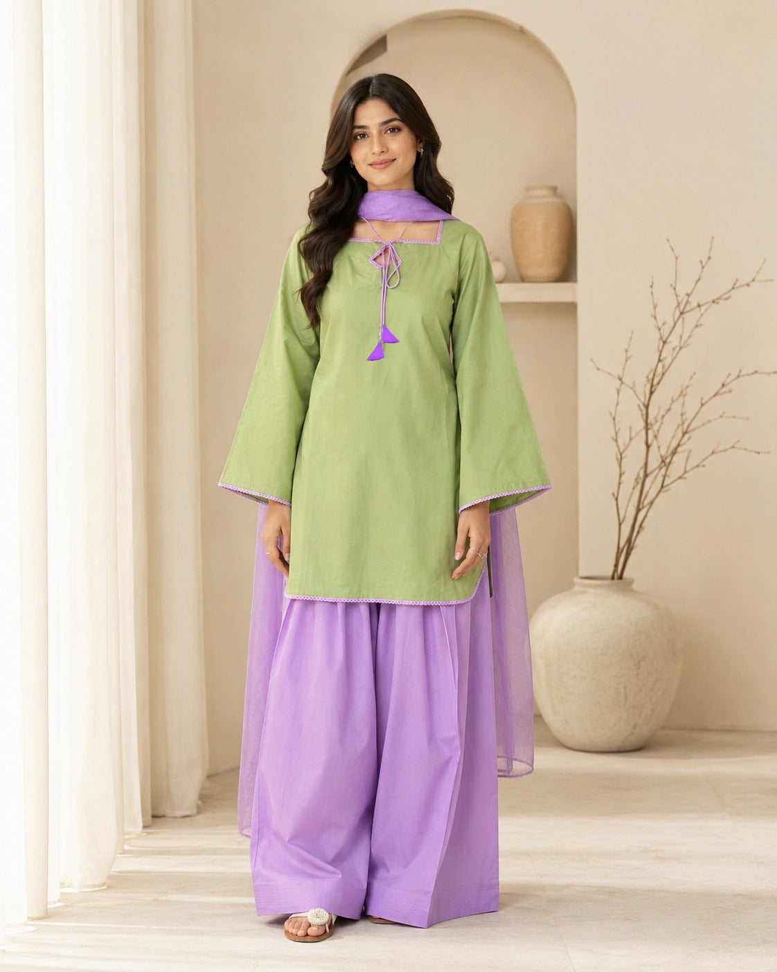 3 Piece Farshi Shalwar Suit for Women | Purple Cotton Shirt with Dori Latkan & Lace Work | Chiffon Dupatta