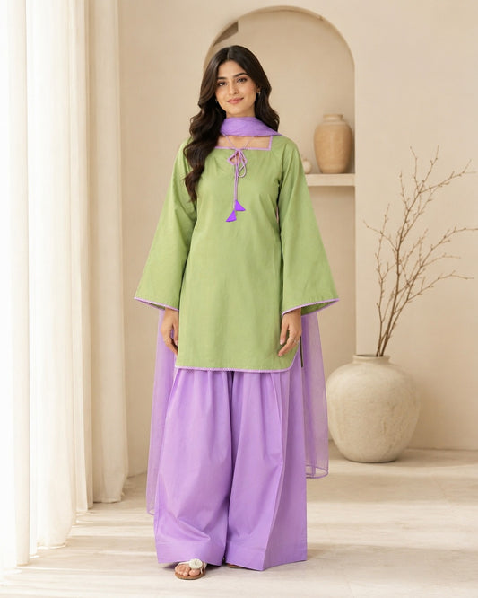3 Piece Farshi Shalwar Suit for Women | Purple Cotton Shirt with Dori Latkan & Lace Work | Chiffon Dupatta