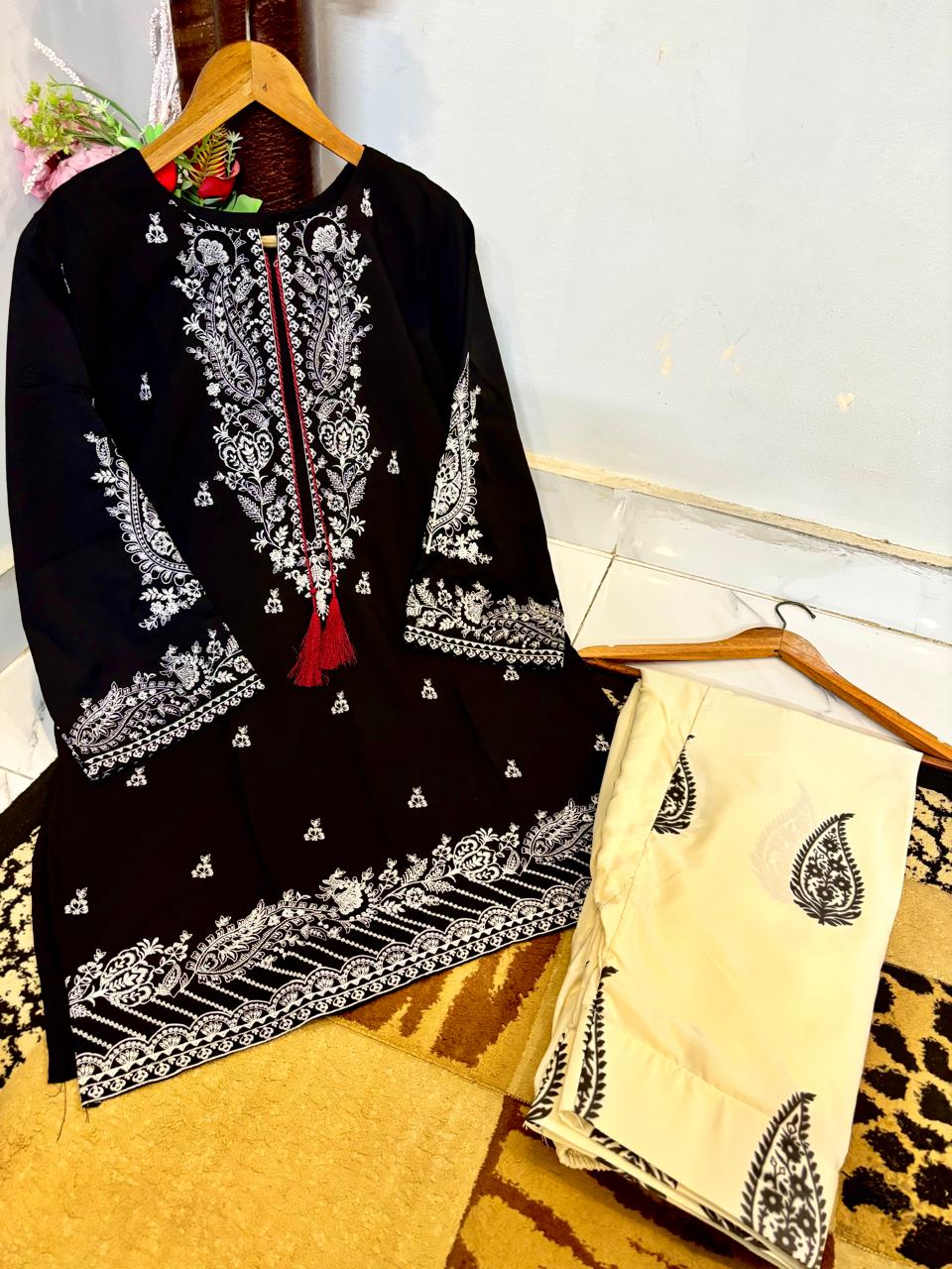 2 Piece Stitched Farshi Shalwar Suit for Women | Heavy Embroidered Malai Lawn Shirt | Dori Latkan Dress