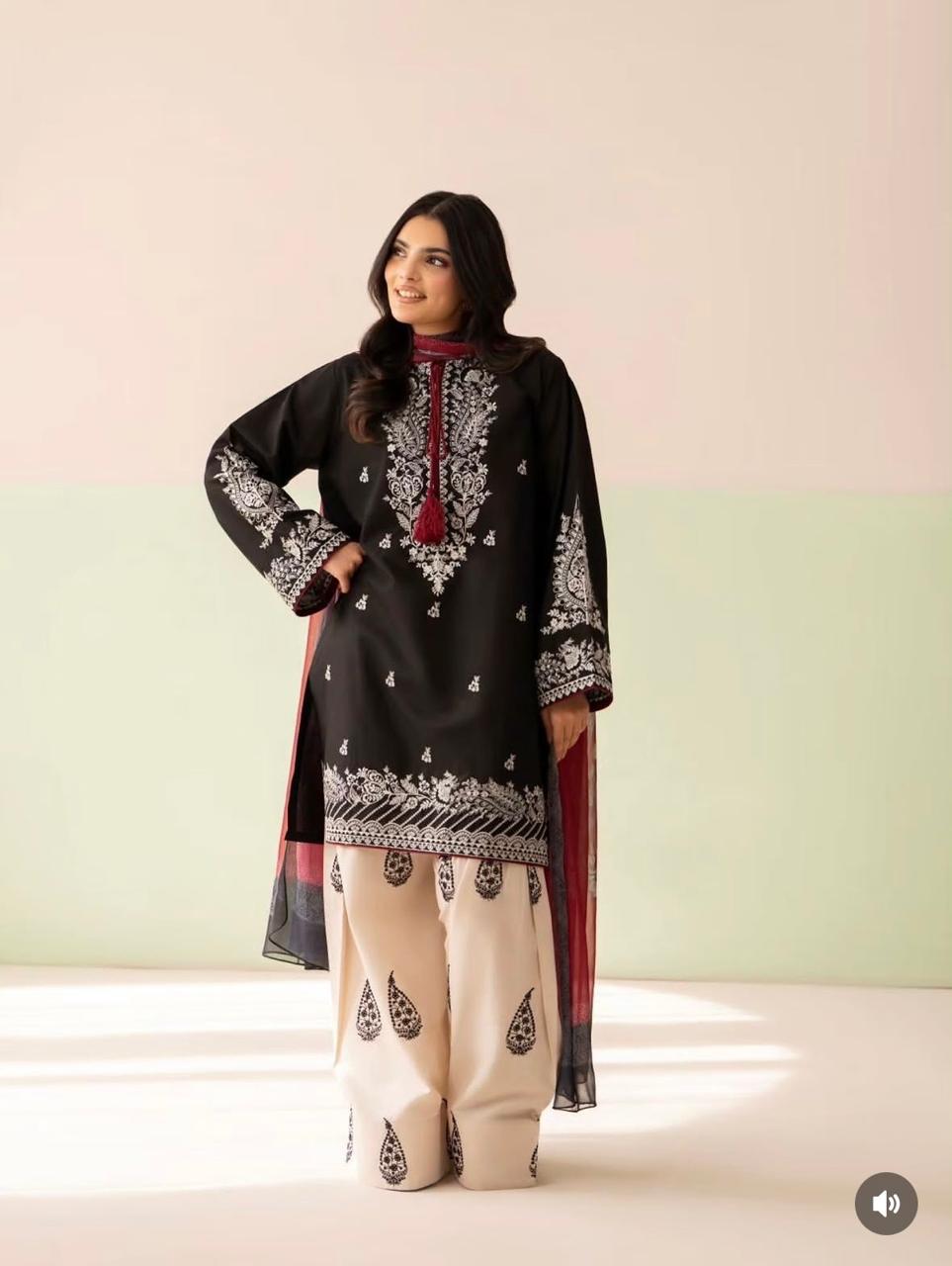 2 Piece Stitched Farshi Shalwar Suit for Women | Heavy Embroidered Malai Lawn Shirt | Dori Latkan Dress