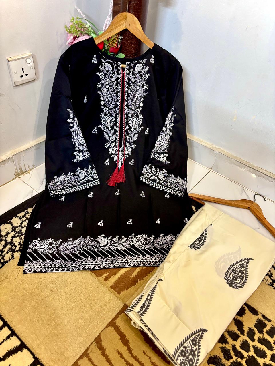 2 Piece Stitched Farshi Shalwar Suit for Women | Heavy Embroidered Malai Lawn Shirt | Dori Latkan Dress