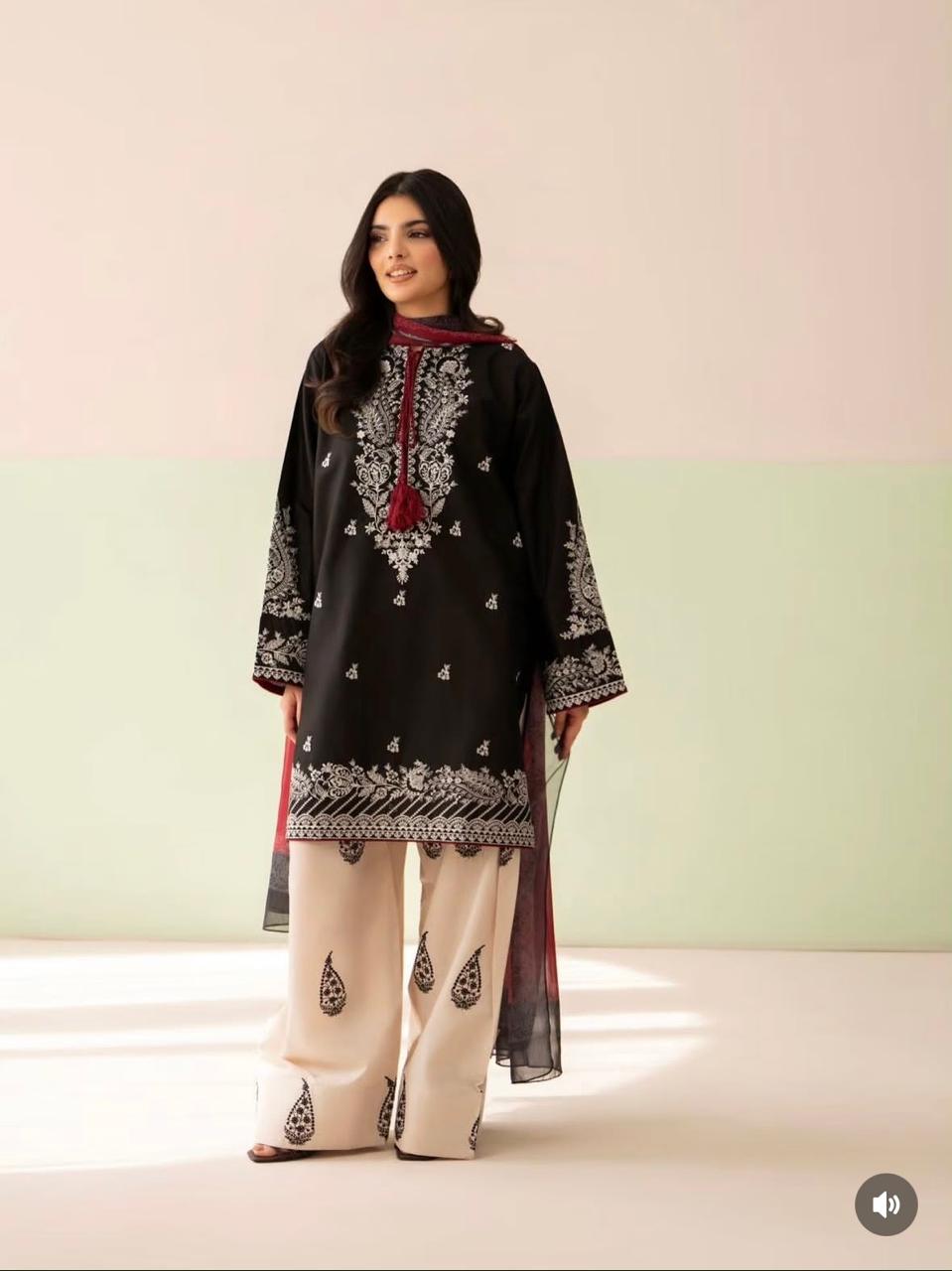 2 Piece Stitched Farshi Shalwar Suit for Women | Heavy Embroidered Malai Lawn Shirt | Dori Latkan Dress