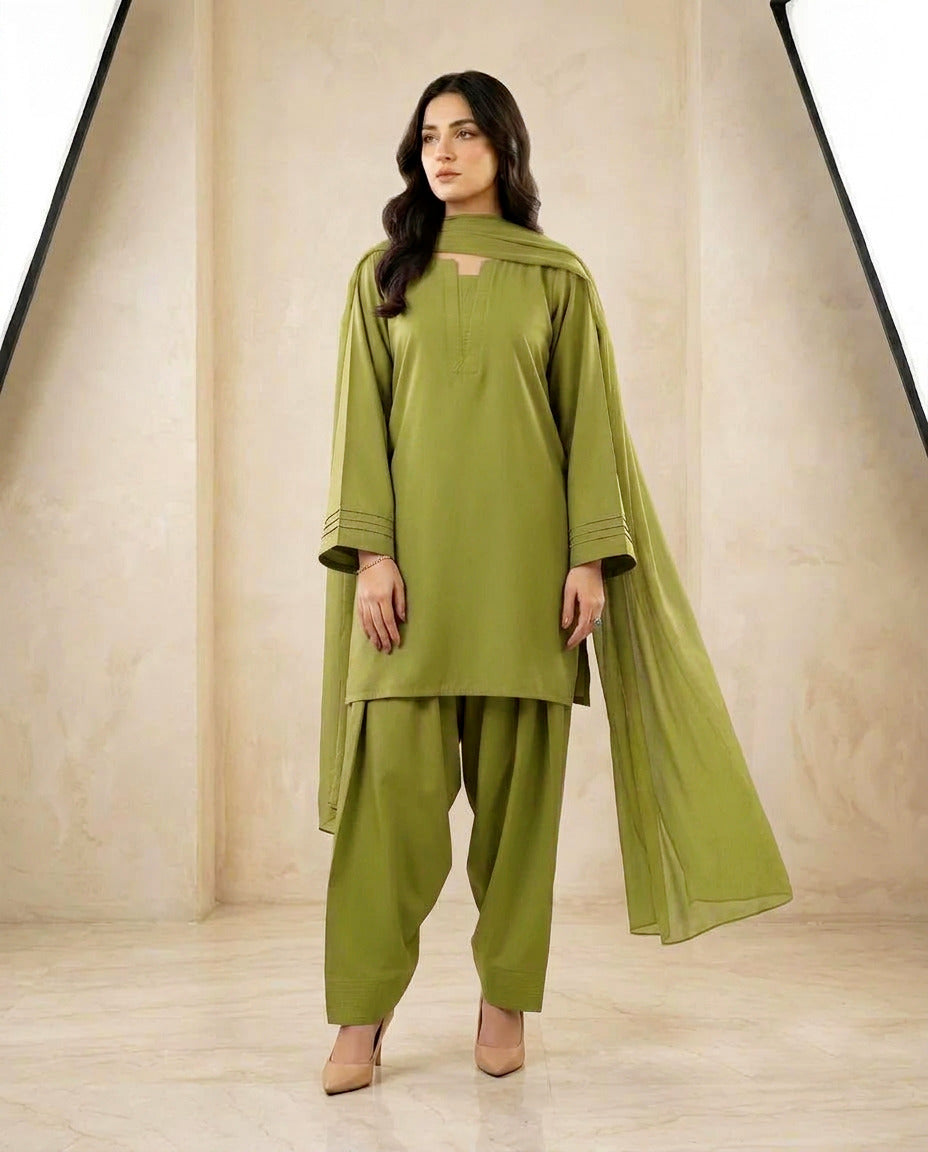 Pintex Sleeves Farshi Shalwar 3Pcs | Cotton Shirt, Flare Farshi Shalwar & Chiffon Dupatta