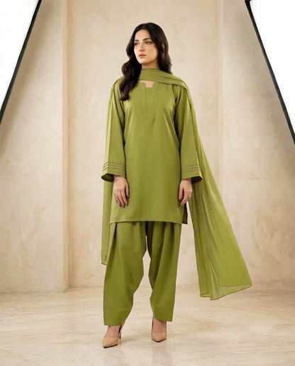 Pintex Sleeves Farshi Shalwar 3Pcs | Cotton Shirt, Flare Farshi Shalwar & Chiffon Dupatta