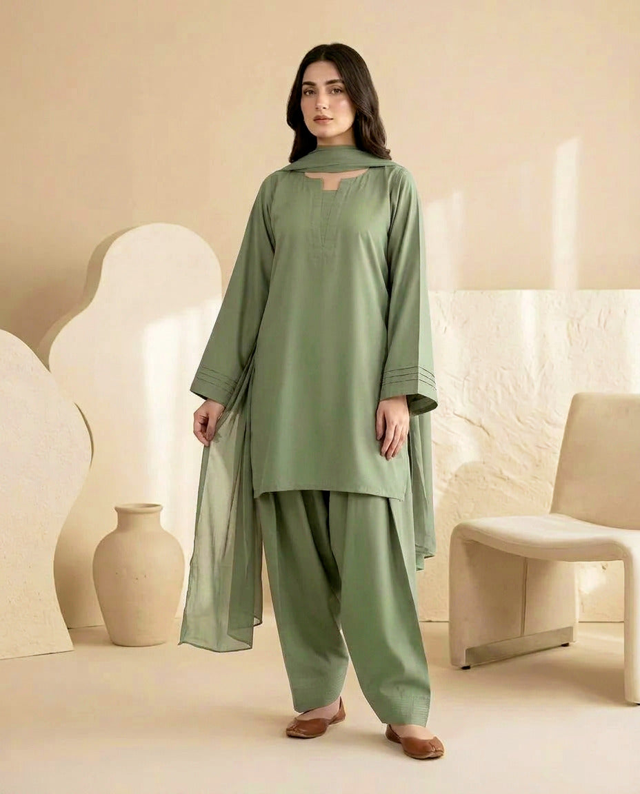 Pintex Sleeves Farshi Shalwar 3Pcs | Cotton Shirt, Flare Farshi Shalwar & Chiffon Dupatta