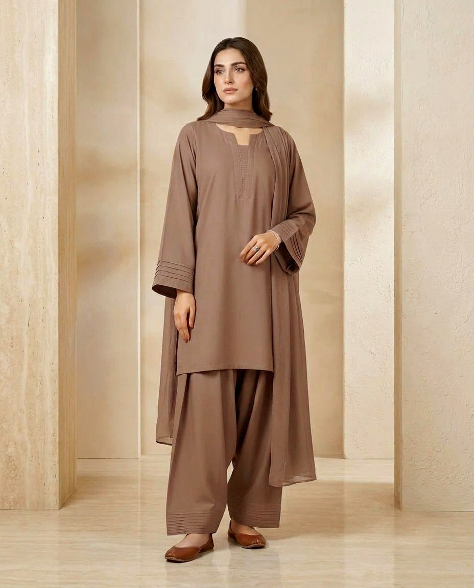 Pintex Sleeves Farshi Shalwar 3Pcs | Cotton Shirt, Flare Farshi Shalwar & Chiffon Dupatta