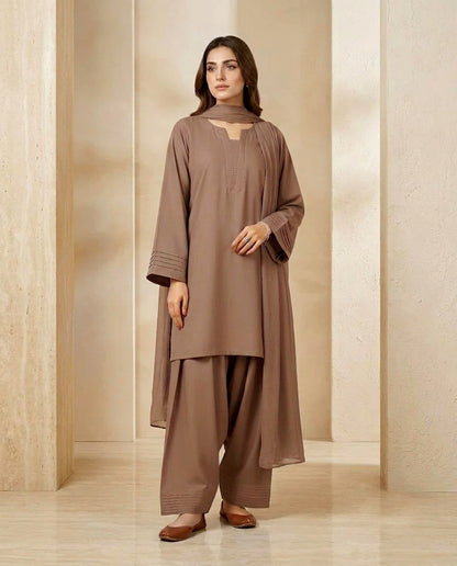 Pintex Sleeves Farshi Shalwar 3Pcs | Cotton Shirt, Flare Farshi Shalwar & Chiffon Dupatta