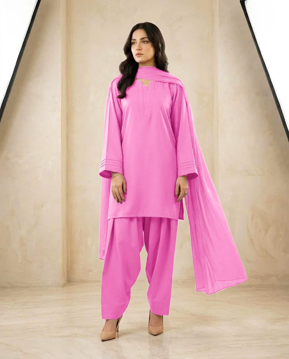 Pintex Sleeves Farshi Shalwar 3Pcs | Cotton Shirt, Flare Farshi Shalwar & Chiffon Dupatta