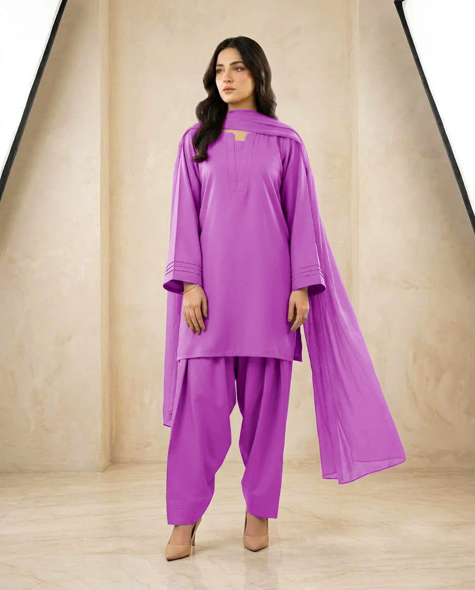 Pintex Sleeves Farshi Shalwar 3Pcs | Cotton Shirt, Flare Farshi Shalwar & Chiffon Dupatta