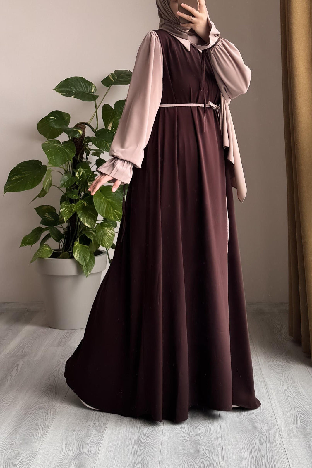 Collar Abaya with Belt & Stroller for Women | Wool Peach Abaya | Soft Fabric Modest Islamic Dress