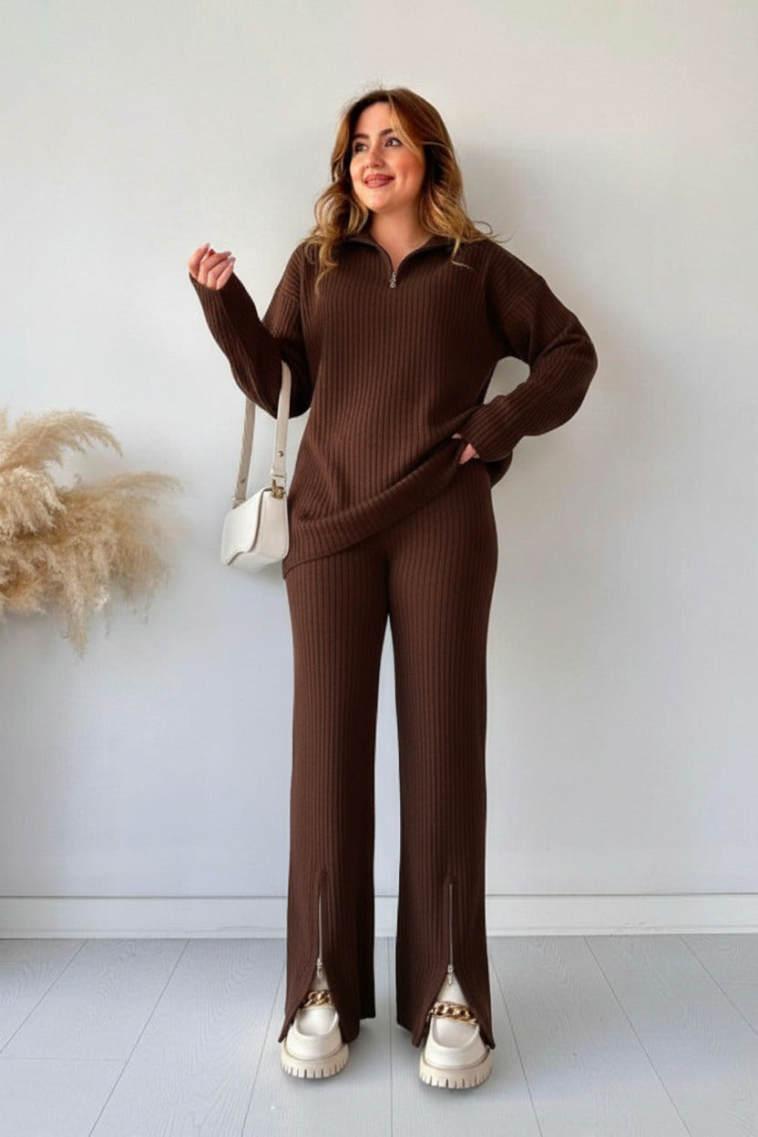 Winter Tracksuit 2Pcs for Women | Zipper Highneck Dropshoulder Rib Tracksuit Set