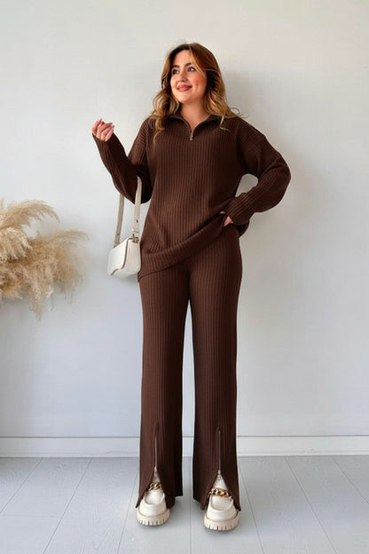 Winter Tracksuit 2Pcs for Women | Zipper Highneck Dropshoulder Rib Tracksuit Set