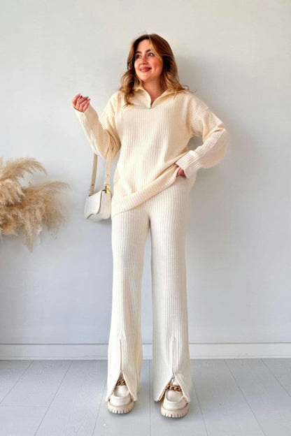 Winter Tracksuit 2Pcs for Women | Zipper Highneck Dropshoulder Rib Tracksuit Set