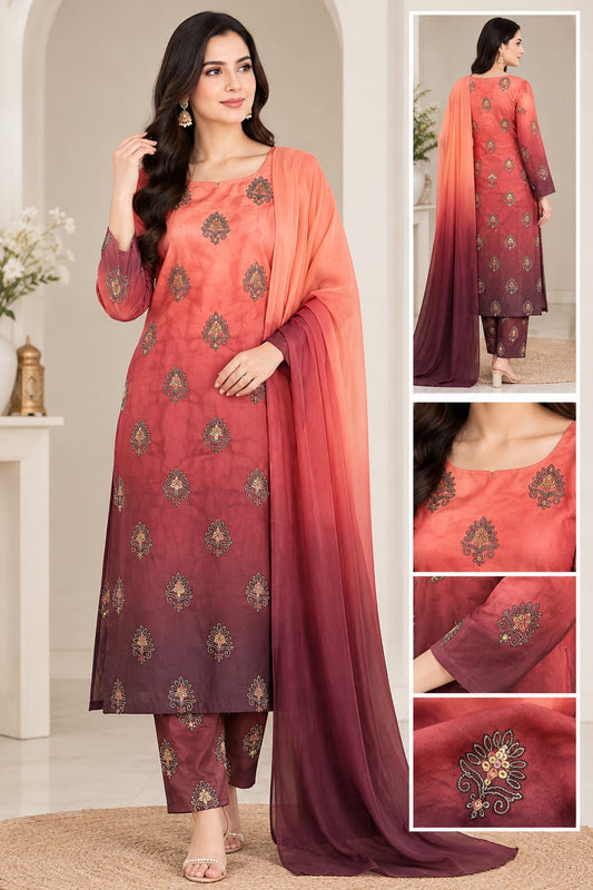 3 Piece Embroidered Silk Suit | Multishade Digital Printed Silky Dress | Party Wear Women Suit