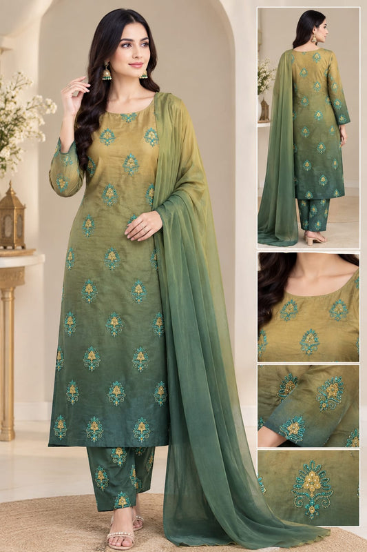3PC Embroidered Silky Suit for Women | Multishade Digital Printed Silk Dress with China Silk Dupatta