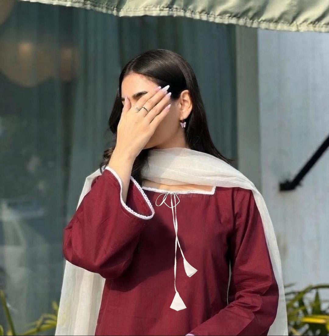 Farshi Shalwar 3Pcs Suit | Dori Latkan & Lace Work Summer Cotton Dress with Chiffon Dupatta