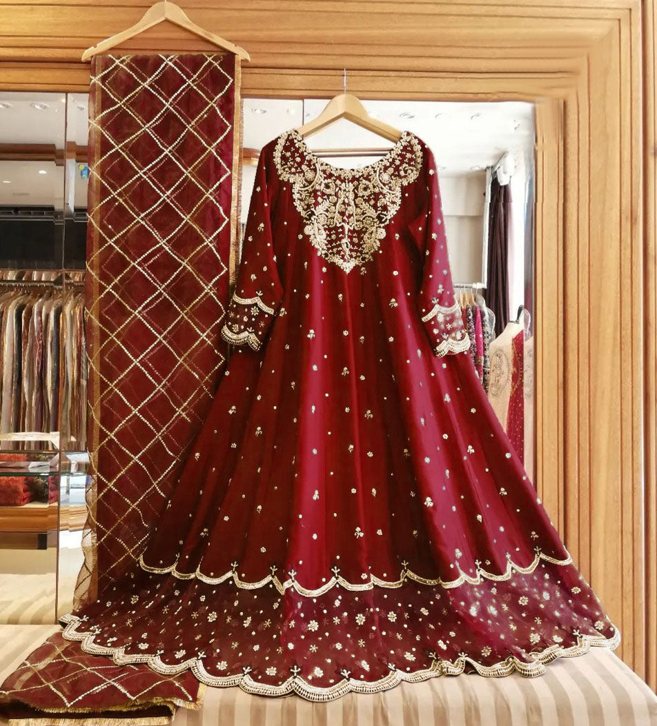 Heavy Embroidered Maxi Dress 3 Piece | Handwork Shamose Silk Maxi with Embroidered Organza Dupatta