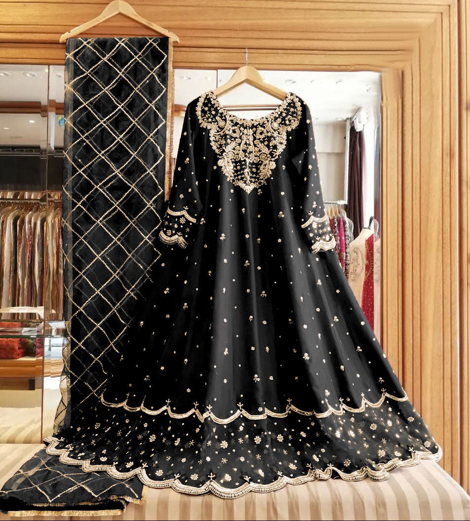 Heavy Embroidered Maxi Dress 3 Piece | Handwork Shamose Silk Maxi with Embroidered Organza Dupatta