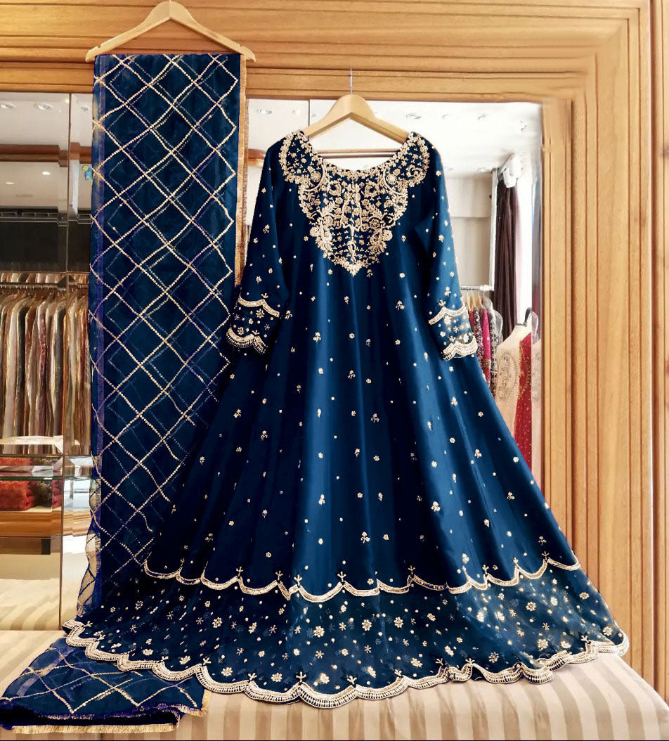 Heavy Embroidered Maxi Dress 3 Piece | Handwork Shamose Silk Maxi with Embroidered Organza Dupatta