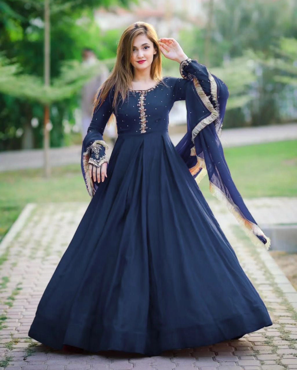 Kaya Work Embroidered Maxi 3 Piece | Pure Chiffon Long Maxi with Lace Dupatta & Trouser