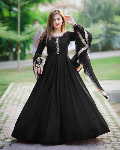 Kaya Work Embroidered Maxi 3 Piece | Pure Chiffon Long Maxi with Lace Dupatta & Trouser