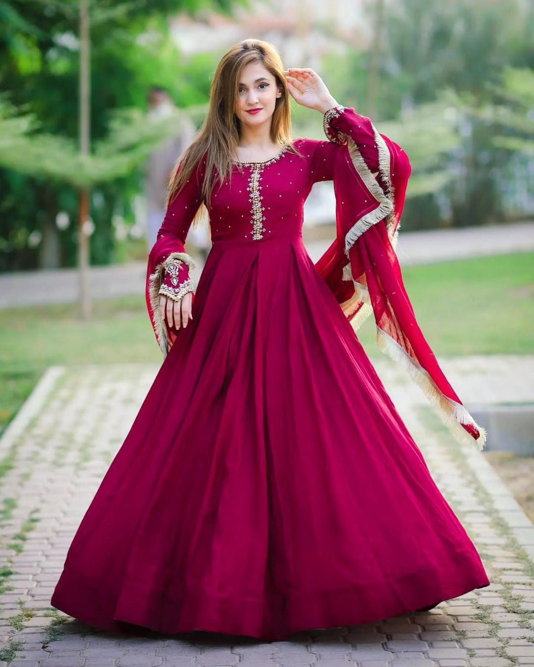 Kaya Work Embroidered Maxi 3 Piece | Pure Chiffon Long Maxi with Lace Dupatta & Trouser