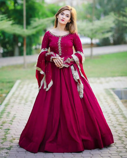 Kaya Work Embroidered Maxi 3 Piece | Pure Chiffon Long Maxi with Lace Dupatta & Trouser