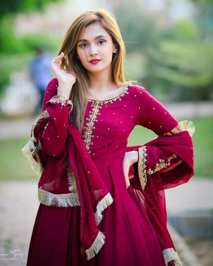 Kaya Work Embroidered Maxi 3 Piece | Pure Chiffon Long Maxi with Lace Dupatta & Trouser