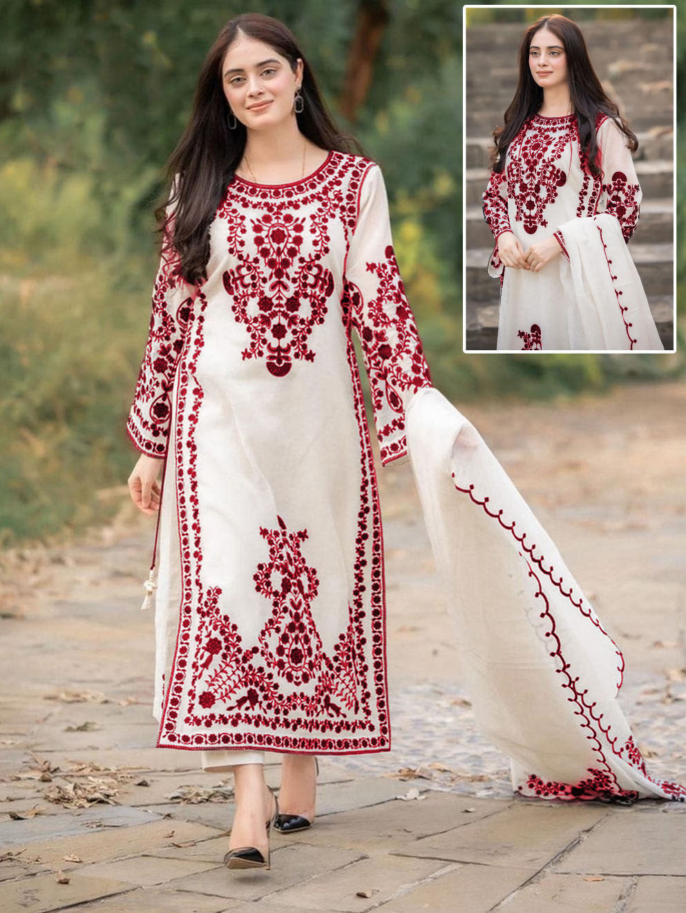 Heavy Embroidered Organza 3 Piece Suit | Frill Style Embroidered Dupatta with Trouser | Party Wear