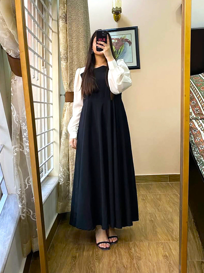 Women Black Plated Maxi Dress with White Sleeves | Georgette Long Maxi | Party Wear Dress