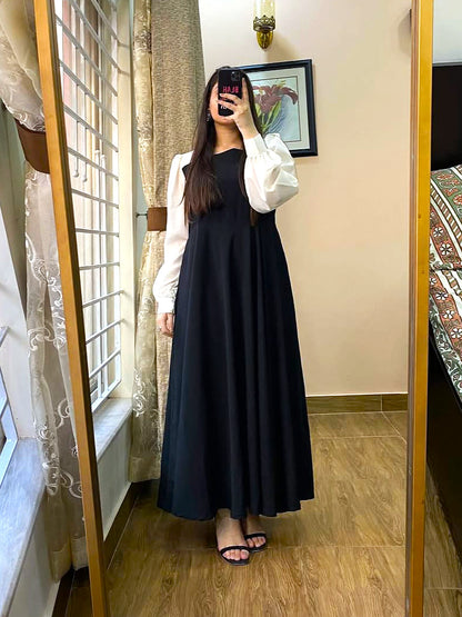 Women Black Plated Maxi Dress with White Sleeves | Georgette Long Maxi | Party Wear Dress