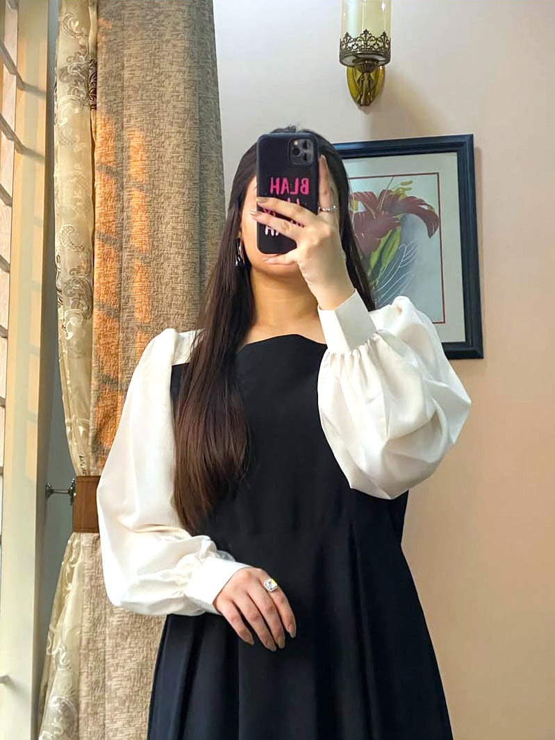 Women Black Plated Maxi Dress with White Sleeves | Georgette Long Maxi | Party Wear Dress