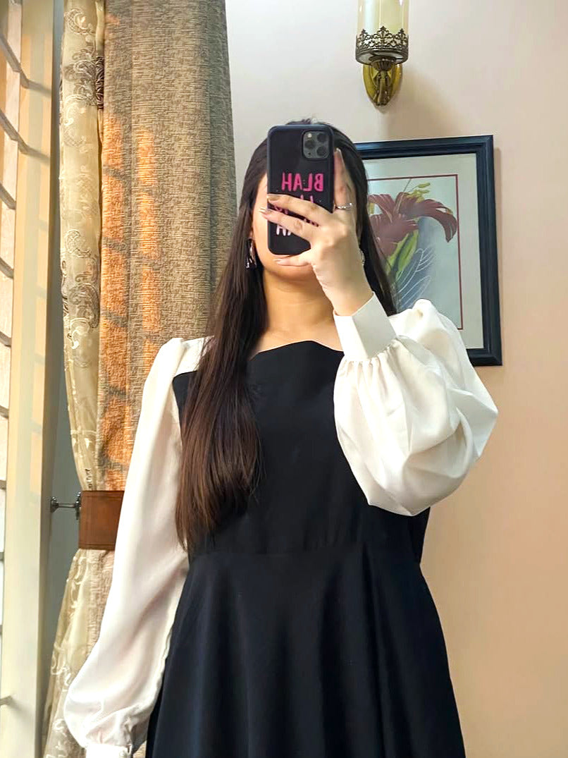 Women Black Plated Maxi Dress with White Sleeves | Georgette Long Maxi | Party Wear Dress