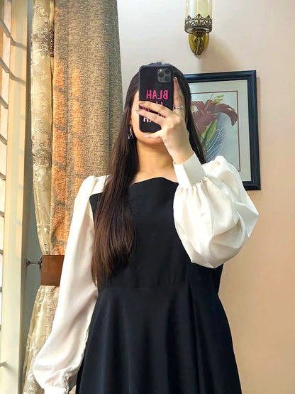 Women Black Plated Maxi Dress with White Sleeves | Georgette Long Maxi | Party Wear Dress