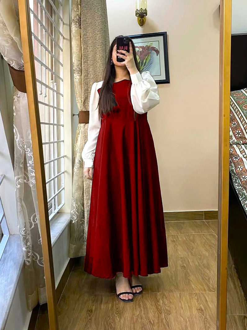 Women Black Plated Maxi Dress with White Sleeves | Georgette Long Maxi | Party Wear Dress