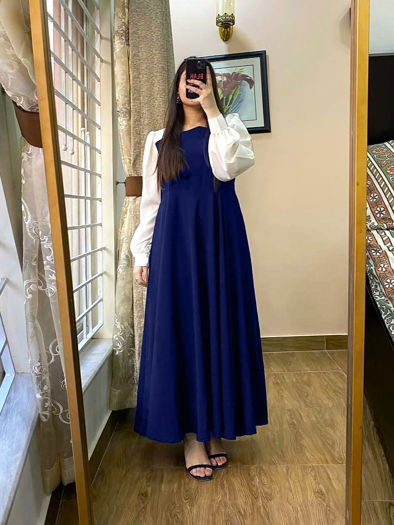 Women Black Plated Maxi Dress with White Sleeves | Georgette Long Maxi | Party Wear Dress