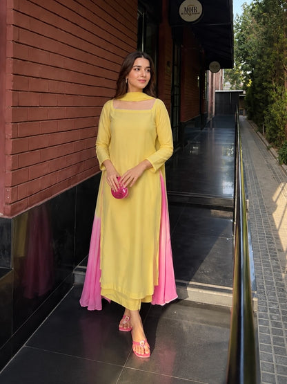 Women Boski Linen 3 Piece Suit | Long Shirt with Palazzo & Chiffon Dupatta | Pakistani Dress